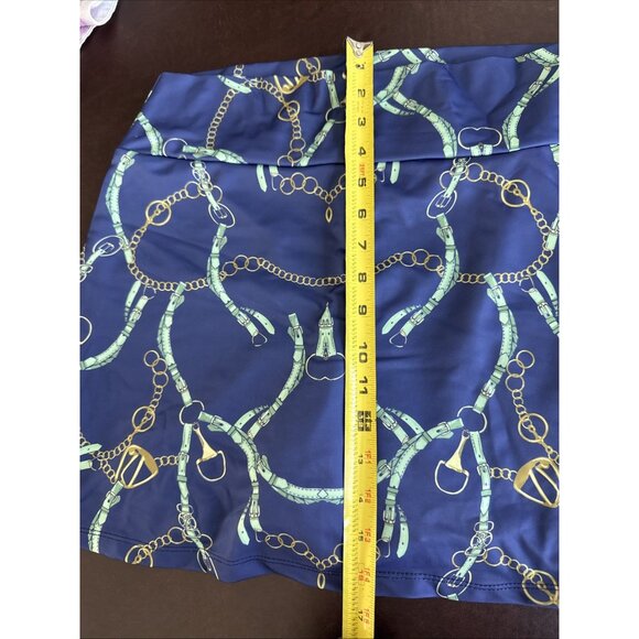 Tina + Jenna Chain Print Blue Stretchy Mini Skirt Gold & Green Accents Size L - Picture 5 of 6